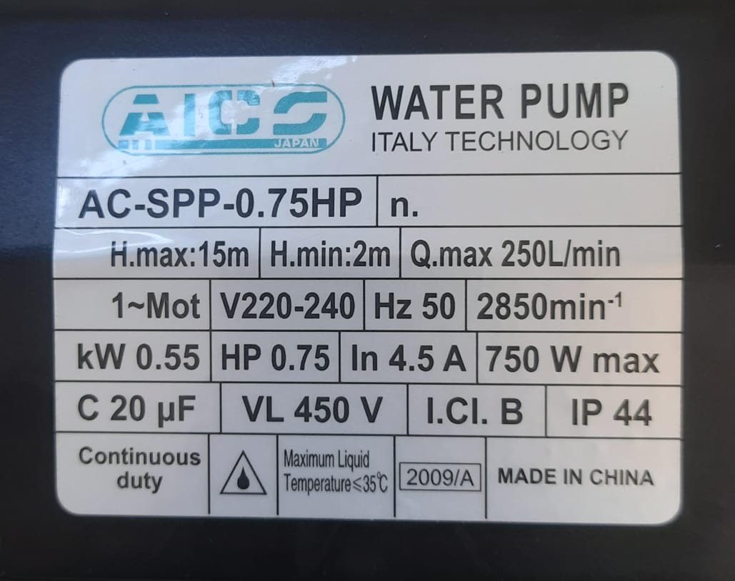 AC-SPP-0.75HP Aico Japan Swimming Pool Pump Head Max 15 metres Flow rate 250L/min 0.75HP - Image 2