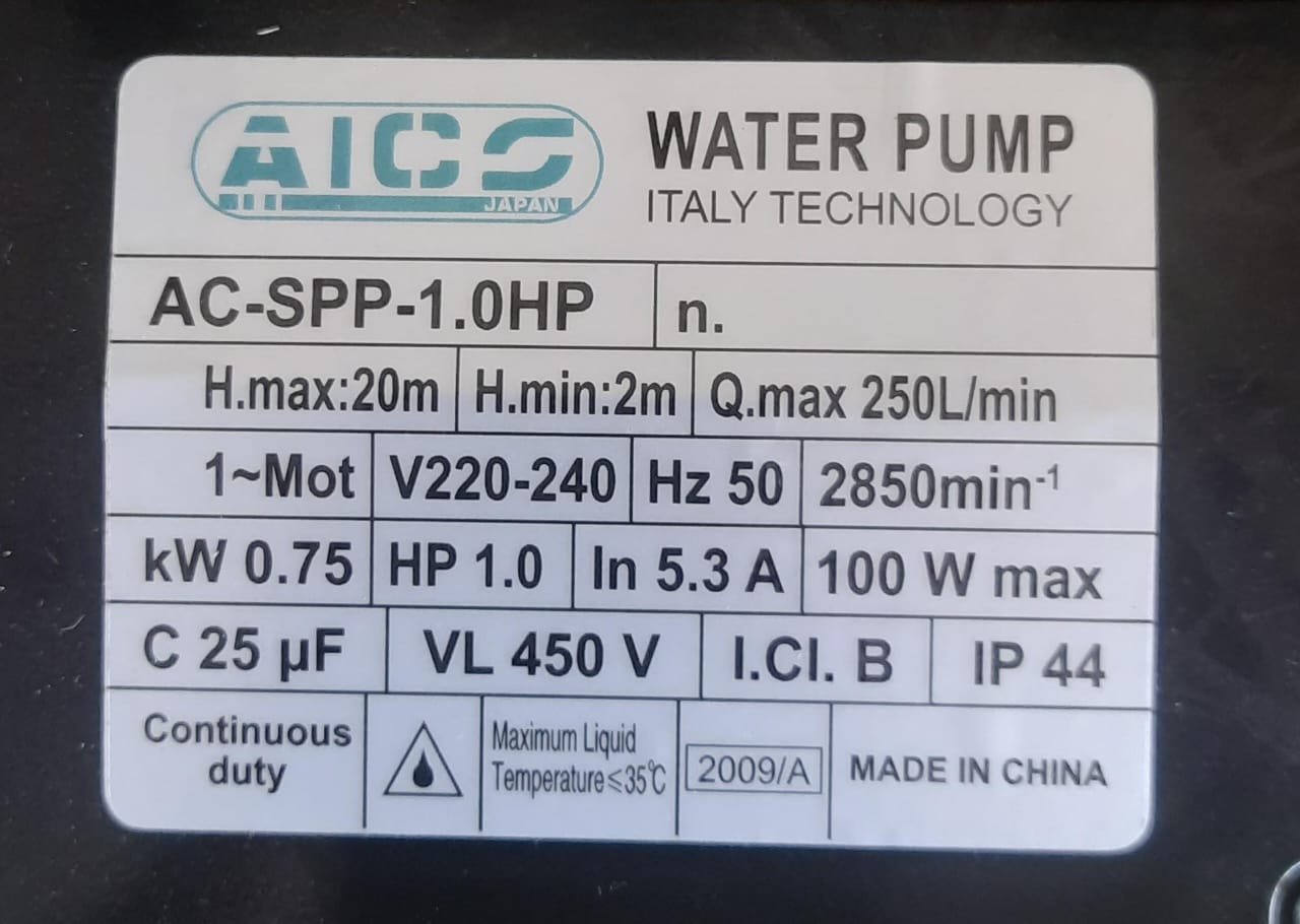 AC-SPP-1.0HP Aico Japan Swimming Pool Pump Head Max 20 metres Flow rate 250L/min 1.0HP - Image 2