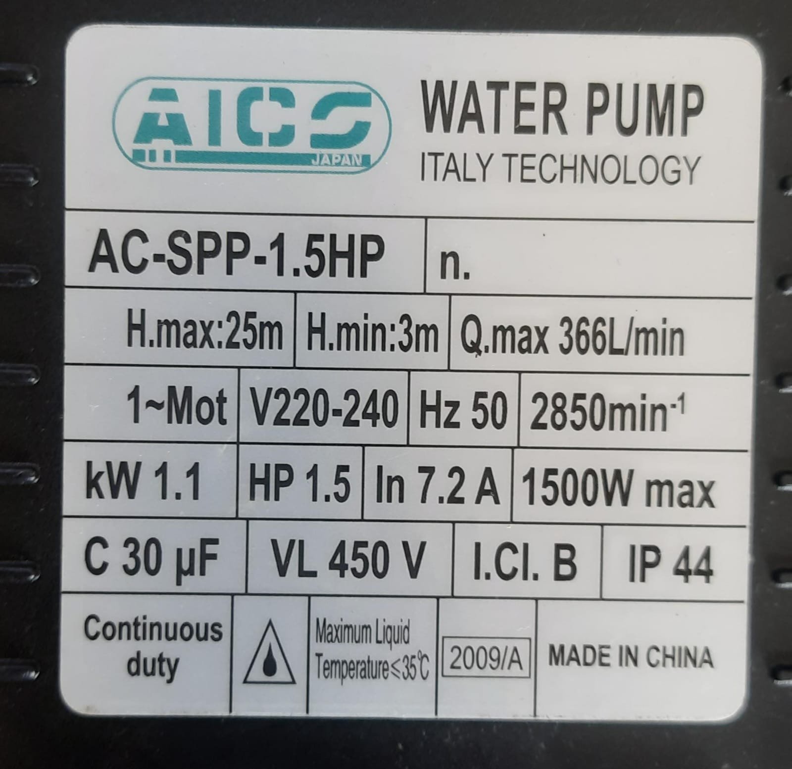 AC-SPP-1.5HP Aico Japan Swimming Pool Pump Head Max 25 metres Flow rate 366L/min 1.5HP - Image 2